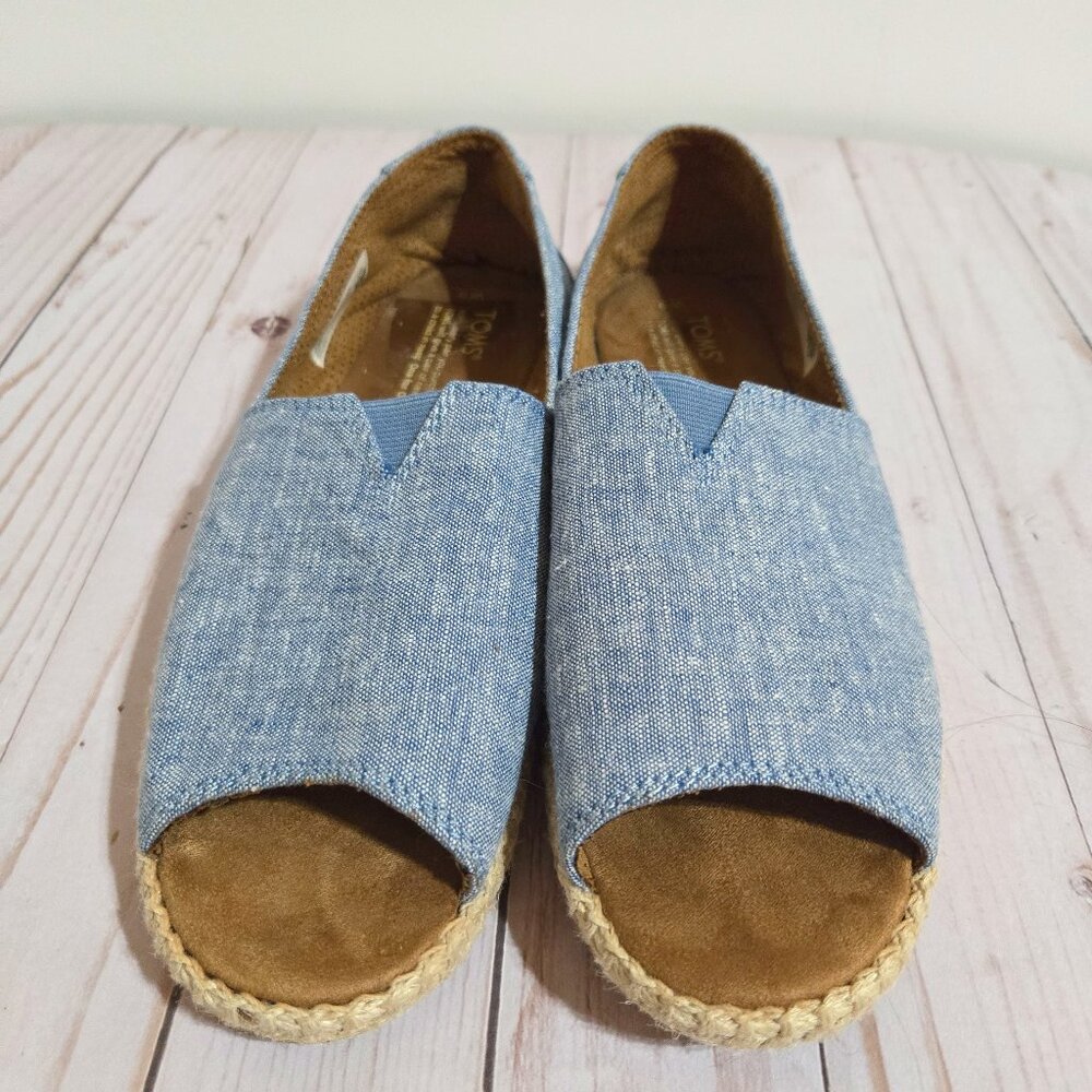 👟 TOMS Chambray Blue Espadrille Flats | Open Toe | Women’s Size 9